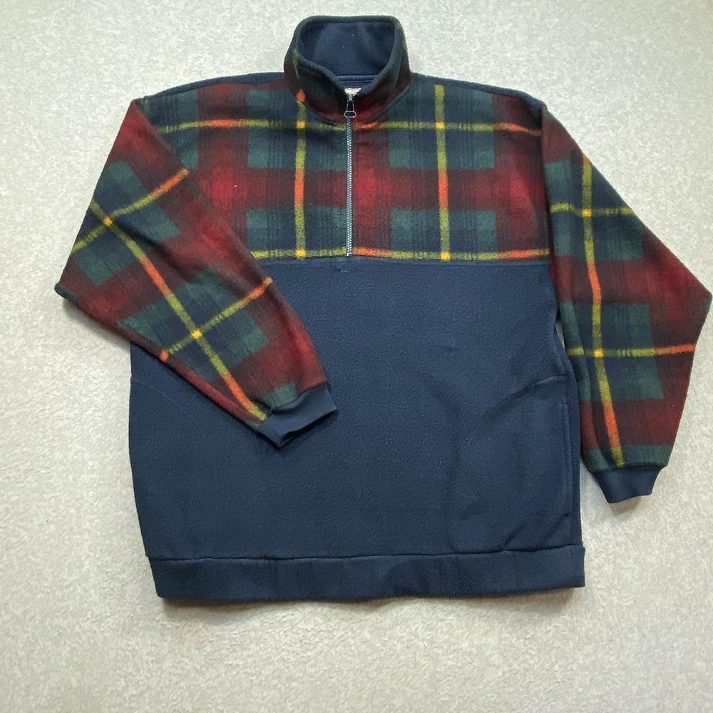 Vintage 90s Bugle Boy Quarter Zip-Up Sweater‎ Sz M Plaid Fleece Distressed